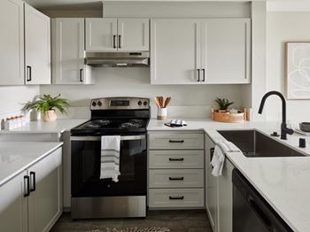 Shaker-panel cabinetry with matte black or brushed nickel hardware